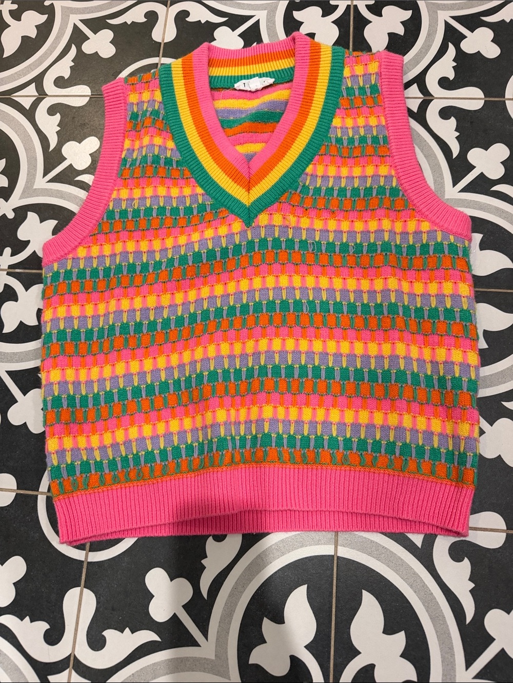 TCEC Bright Multi-Stripe V-Neck Knit Vest in Pink, Green, Orange